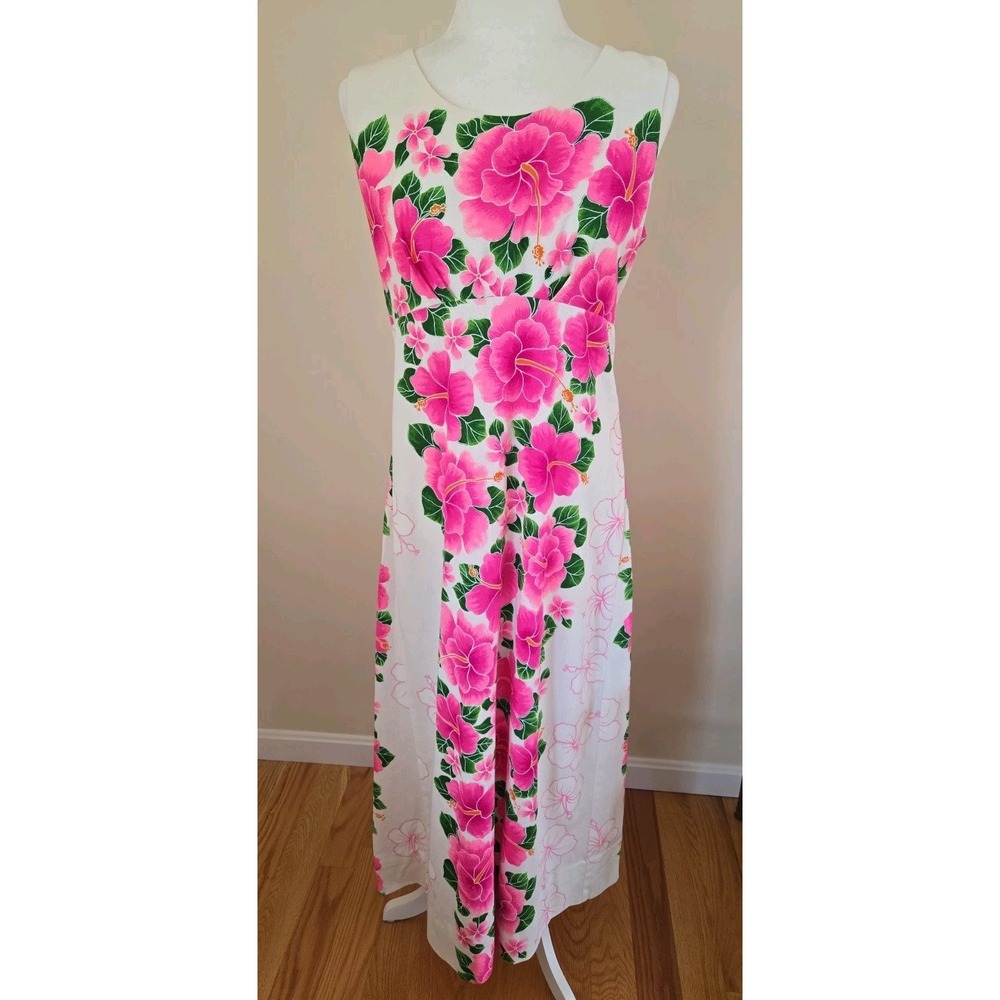 VTG Rare Pomare Hawaiian Sleeveless Cotton Dress Empire Waist Back Pleated 14